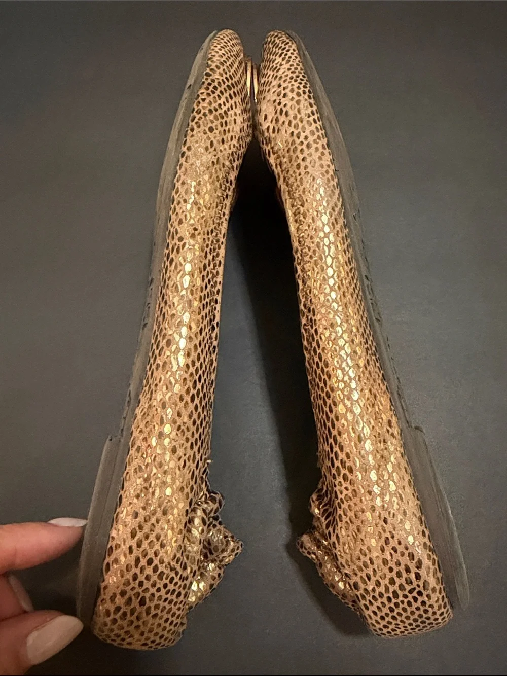Tory Burch Reva Brown Metallic Snakeskin Leather Ballet Flats Gold Logo Size 9.5